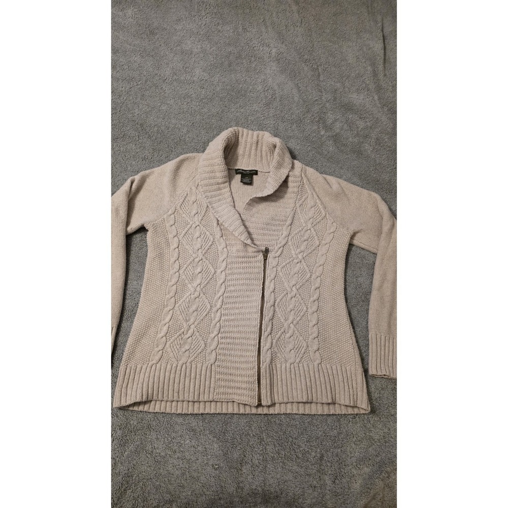 Eddie Bauer Women's Large Cream Cable Knit Zip Up Sweater Cotton Blend